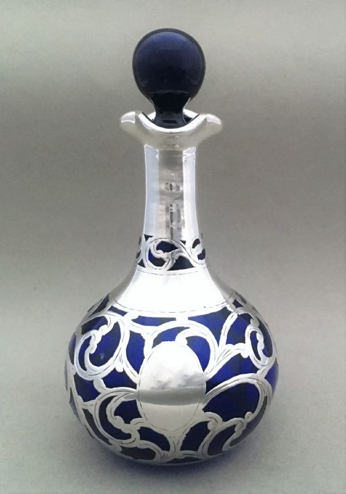 A Bristol Blue Victorian Silver Overlay Scent Bottle