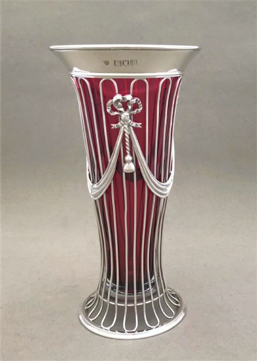 A Fabulous Edwardian Silver Wirework & Cranberry Vase