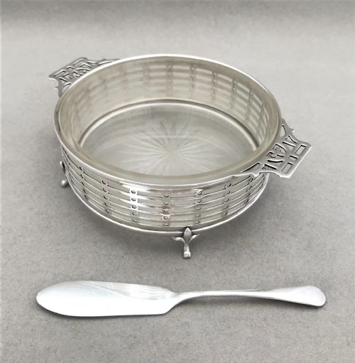 An Attractive Pierced Silver Butter Dish with Frosted Glass Liner