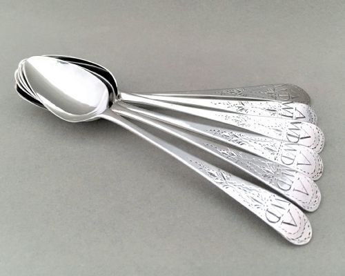 A Set of Six 18th Century Silver Bright Cut Teaspoons