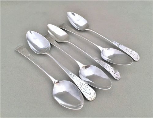 fig 1. A set of six 18th Century silver bright cut teaspoons