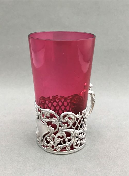 A Lovely Silver Beaker Holder with Cranberry Beaker