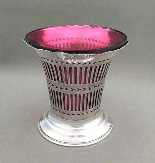 A Superb Silver & Cranberry Edwardian Rose Bowl/vase