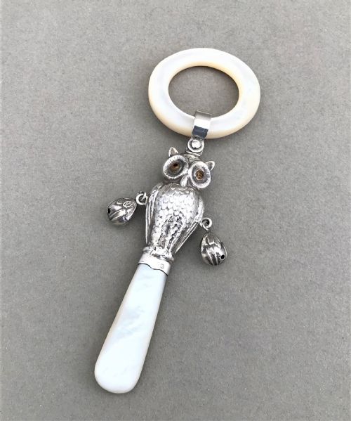 A Rare Edwardian Silver Owl Teether & Rattle