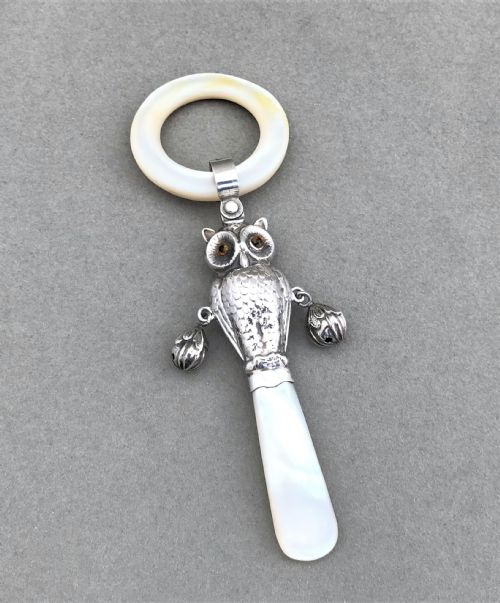 fig 1. A rare Edwardian silver Owl teether & rattle
