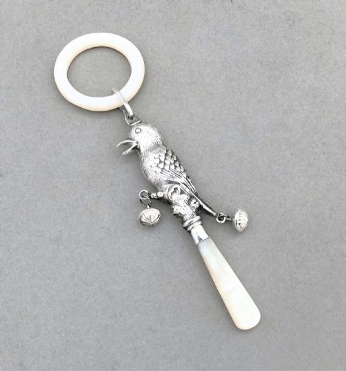 fig 1. An unusual silver & mother-of-pearl Starling rattle