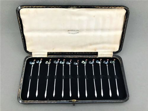 A Fine Set of 12 Silver & Enamel Cockerel Cocktail Sticks