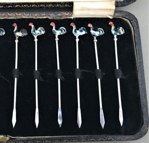 fig 1. A Fine Set Of 12 Silver & Enamel Cockerel Cocktail Sticks