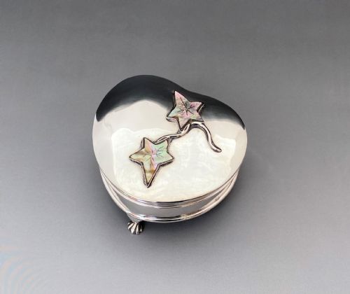 A Superb Edwardian Heart Shaped Silver & Mother-of-pearl Trinket Box