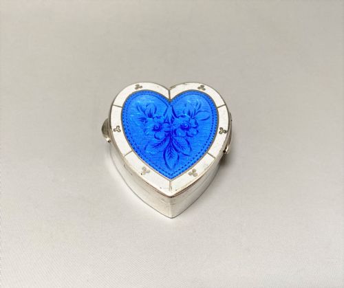 A Stunning Edwardian Silver & Guilloche Enamel Heart Shaped Pill Box