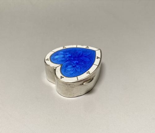 fig 1. A stunning Edwardian silver & guilloche enamel heart shaped pill box