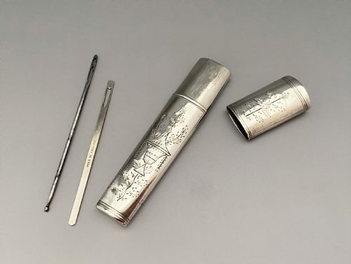 A Lovely 18th Century Silver Needle Case & Tools