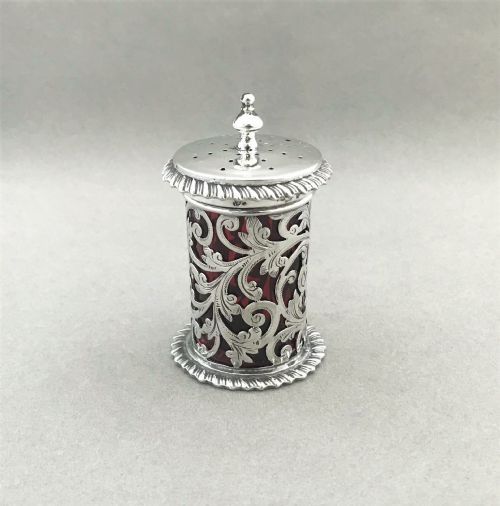 A Rare Victorian Silver & Cranberry Glass Pepper Pot