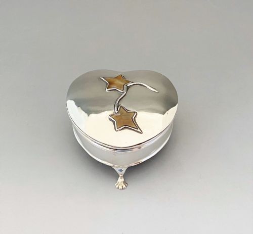 A Stunning Heart Shaped Silver & Mother-of-pearl Trinket Box