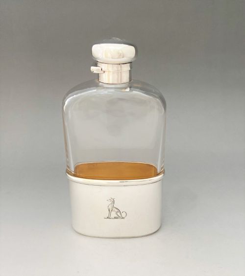 A Handsome Edwardian Silver Mounted Hip Flask with Greyhound Armorial