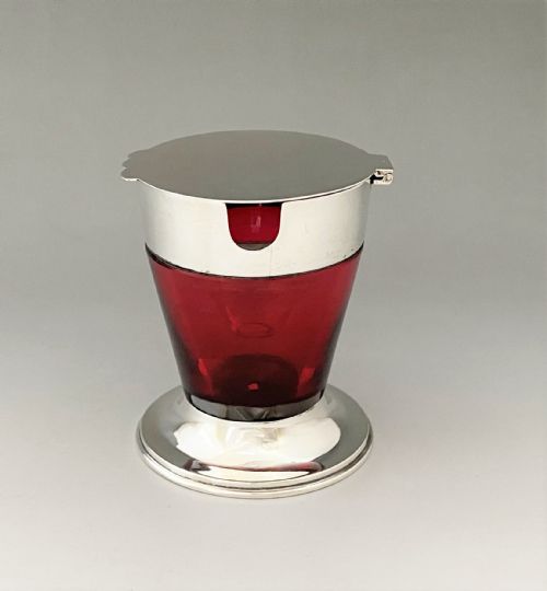 A Striking Edwardian Silver & Ruby Glass Inkwell