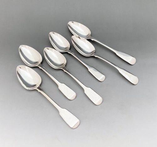 A Matched Set of Six Silver Fiddle Pattern Tea Spoons
