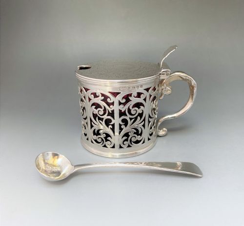 A Superb Silver & Cranberry Mustard Pot & Spoon