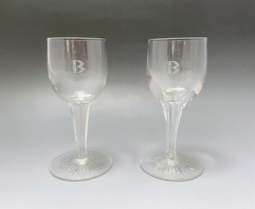 A Rare Pair of Hollow Stem Wine Glasses Engraved 'B'