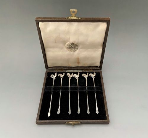 fig 1. A Boxed Set Of 6 Silver Cockerel Cocktail Sticks