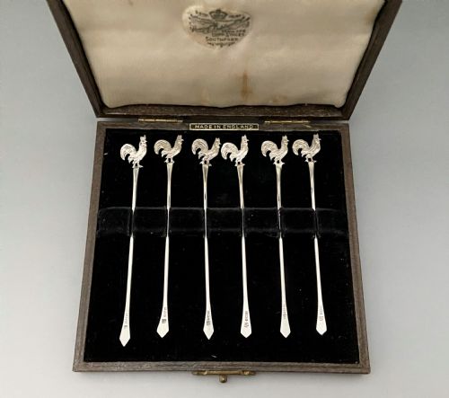 A Boxed Set of 6 Silver Cockerel Cocktail Sticks