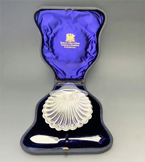 A Charming Boxed Victorian Silver Butter Shell & Knife
