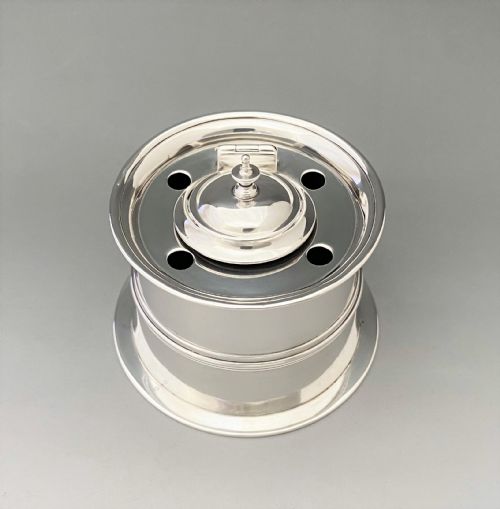 A Superb Edwardian Chester Silver 'Fishing Reel' Inkwell