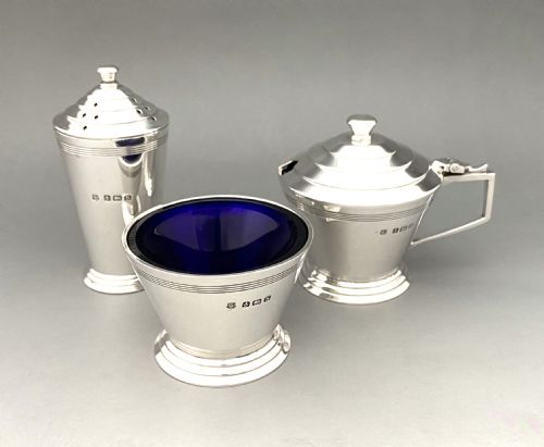 A Superb Silver Art Deco Three Piece Cruet