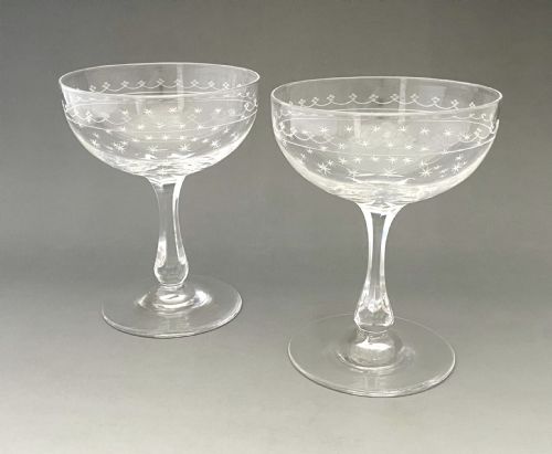 A Gorgeous Pair of Star Etched & Cut Glass Champagne Glasses