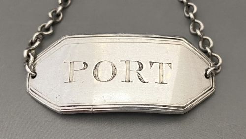 fig 1. A rare 18th Century early Sheffield silver Port decanter label