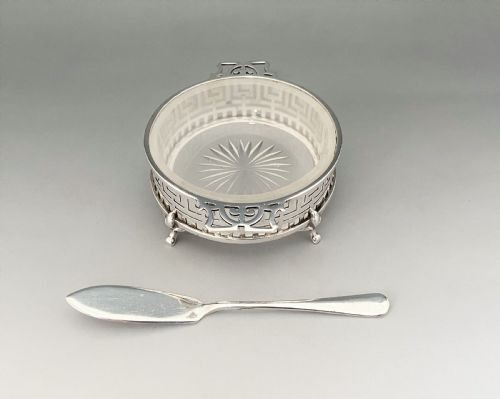 fig 1. A fine pierced silver & glass butter dish & knife