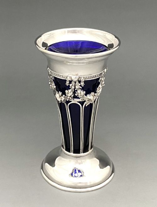 A Pretty Edwardian Silver & Bristol Blue Glass Vase