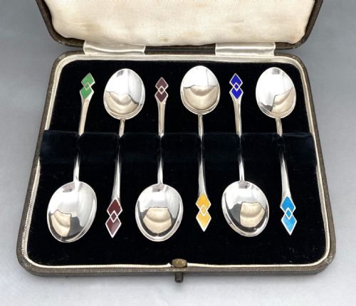 A Lovely Boxed Set of 6 Silver & Enamel Teaspoons
