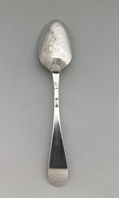 fig 1. A rare 18th Century silver 'Galleon' picture back teaspoon
