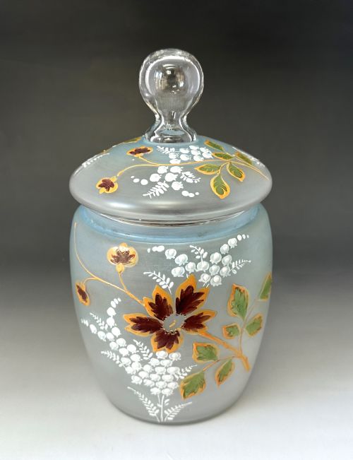 A Lovely Enamel Painted Victorian Glass Biscuit Barrel