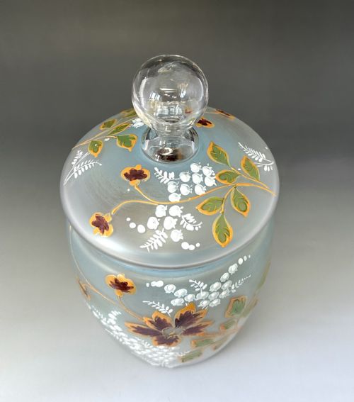 fig 1. A lovely enamel painted Victorian glass biscuit barrel