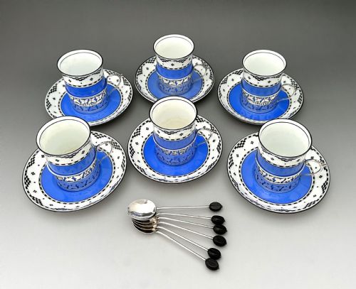 A STYLISH SET OF 6 SILVER MOUNTED COFFEE CANS SAUCERS SPOONS - ADDITIONAL PHOTO 1