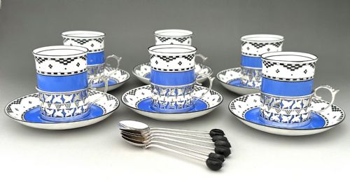 A STYLISH SET OF 6 SILVER MOUNTED COFFEE CANS SAUCERS SPOONS - ADDITIONAL PHOTO 2