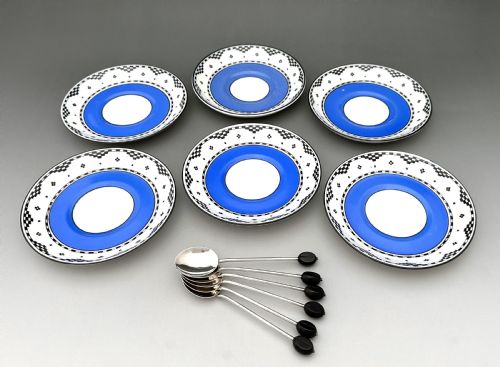 A STYLISH SET OF 6 SILVER MOUNTED COFFEE CANS SAUCERS SPOONS - ADDITIONAL PHOTO 3