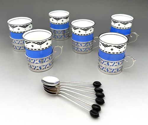 A STYLISH SET OF 6 SILVER MOUNTED COFFEE CANS SAUCERS SPOONS - ADDITIONAL PHOTO 5