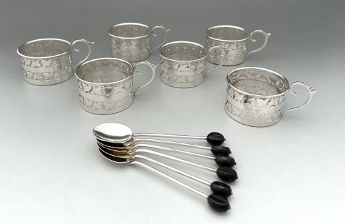 A STYLISH SET OF 6 SILVER MOUNTED COFFEE CANS SAUCERS SPOONS - ADDITIONAL PHOTO 8