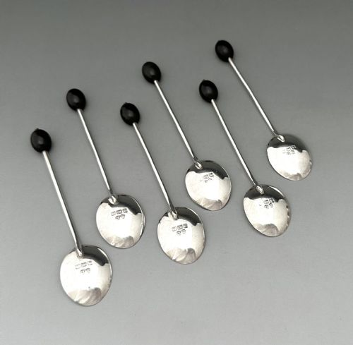 A STYLISH SET OF 6 SILVER MOUNTED COFFEE CANS SAUCERS SPOONS - ADDITIONAL PHOTO 11