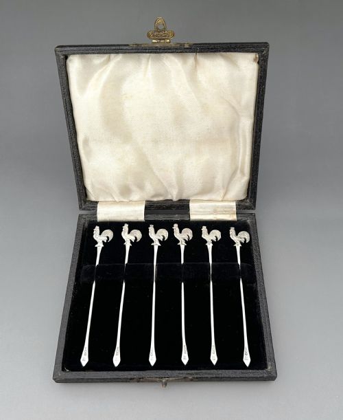 A Boxed Set of 6 Silver Cockerel Cocktail Sticks