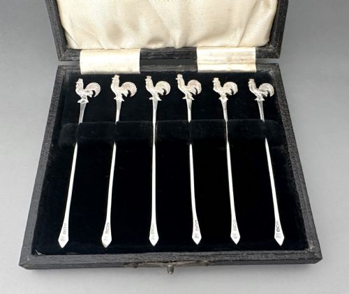 fig 1. A Boxed Set Of 6 Silver Cockerel Cocktail Sticks