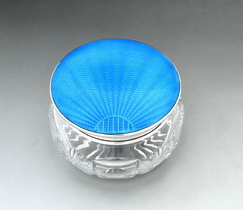 A Fabulous Silver & Blue Guilloche Enamel Dressing Table Jar