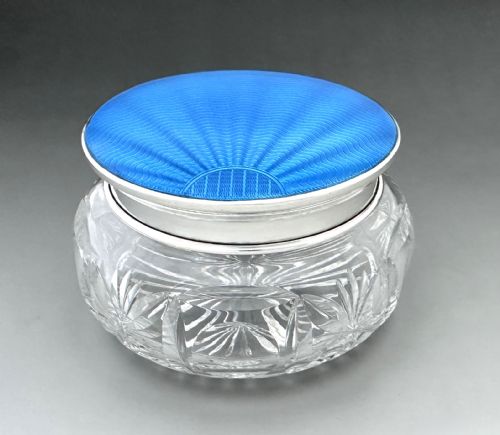 fig 1. A fabulous silver & blue guilloche enamel dressing table jar