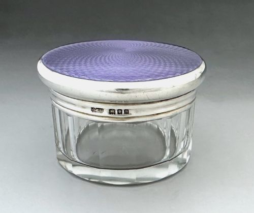 fig 1. A lovely silver & guilloche enamel dressing table jar or trinket pot