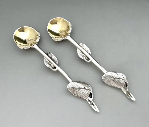 A Fabulous Pair of Victorian Naturalistic Cast Silver Salt Spoons