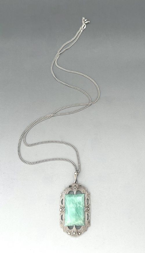 A STYLISH ART DECO SILVER AMAZONITE NECKLACE PENDANT - ADDITIONAL PHOTO 1