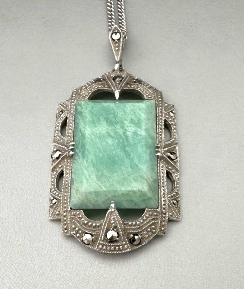 A STYLISH ART DECO SILVER AMAZONITE NECKLACE PENDANT - ADDITIONAL PHOTO 2